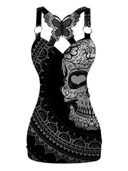 Mexican Sugar Skull Printed V-neck Sexy Butterfly Back Dress