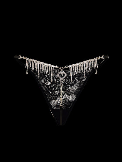 Sexy Lace Metal Diamond Tassel Love Heart Underwear