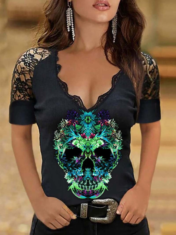 Sexy Flower Skull Deep V Lace Collar Lace Short Sleeve T-shirt