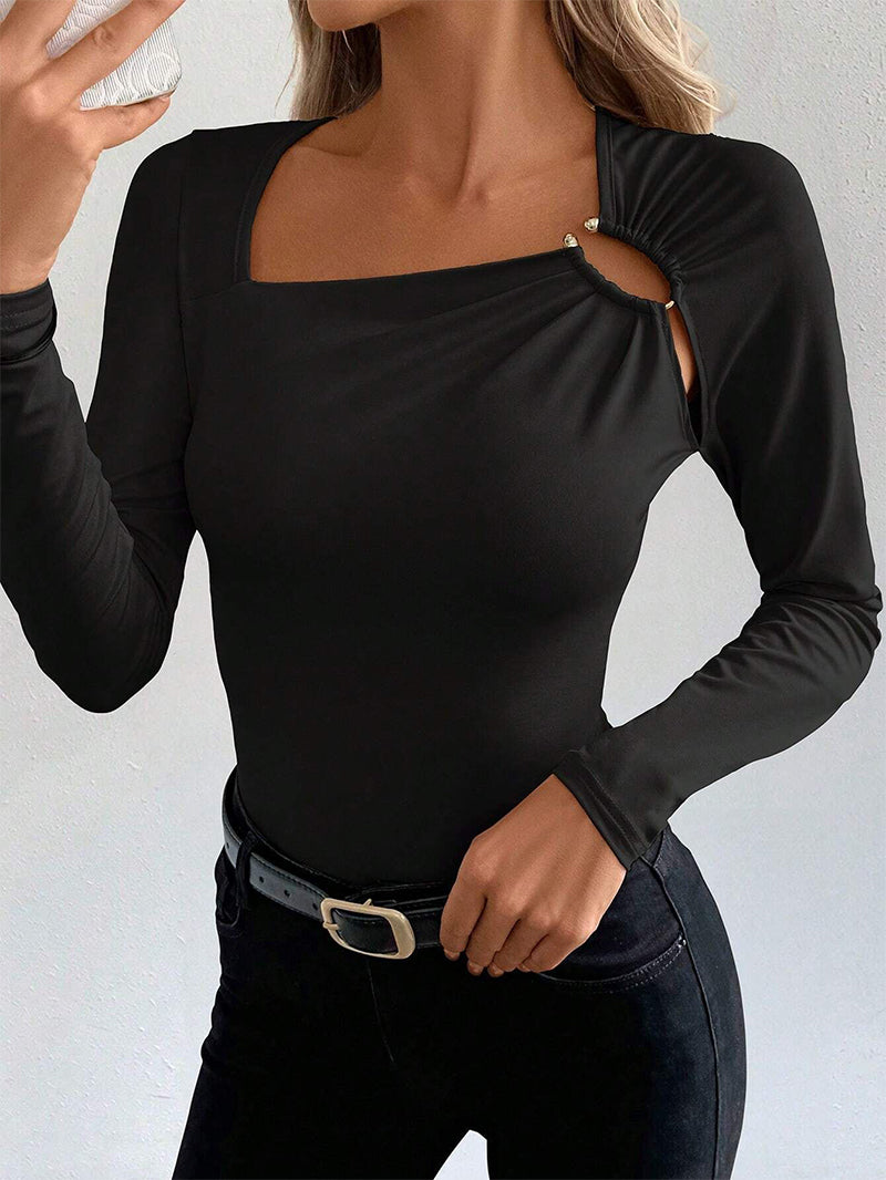 Elegant Women's Solid Color Gold Buckle Long Sleeve T-shirt