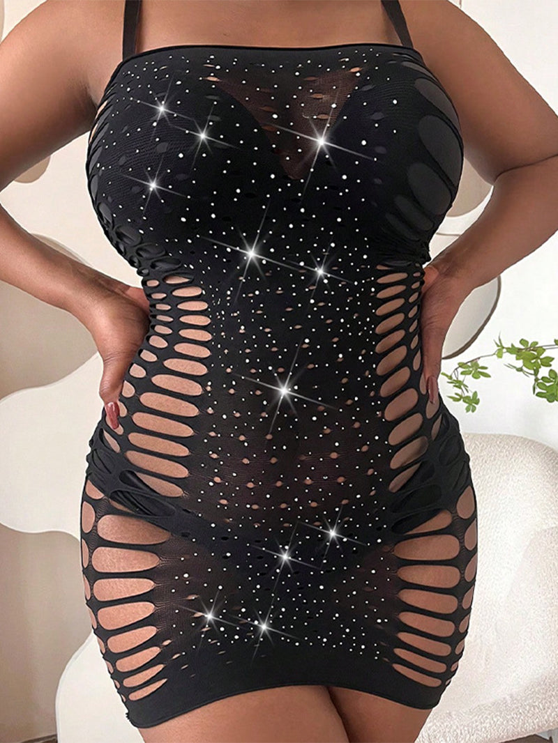 Sexy plus Size Fishnet Clothes Hot Drilling Hollow Sheath Dress