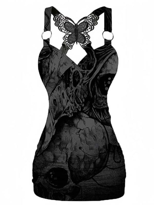 Gothic Dark Skull Printed Back Butterfly Camisole