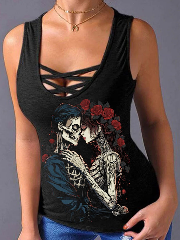 Romantisches Skelett-Liebes-Print-Kreuz-Unterhemd 