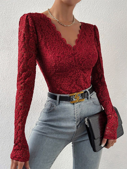 Sexy Lace Long Sleeve See-through Slim-Fit Jumpsuit