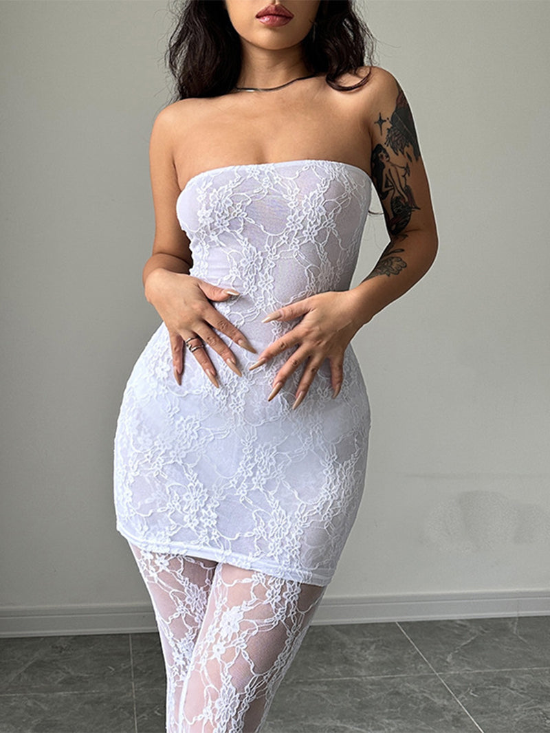 Sexy Patchwork See-through Lace Short Skirt Romper Stockings Suit