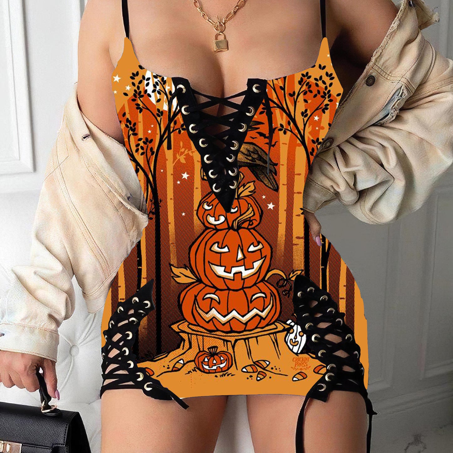 Halloween The Raven Print V-neck Eyelet Lace-up Suspension Dress