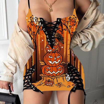 Halloween The Raven Print V-neck Eyelet Lace-up Suspension Dress