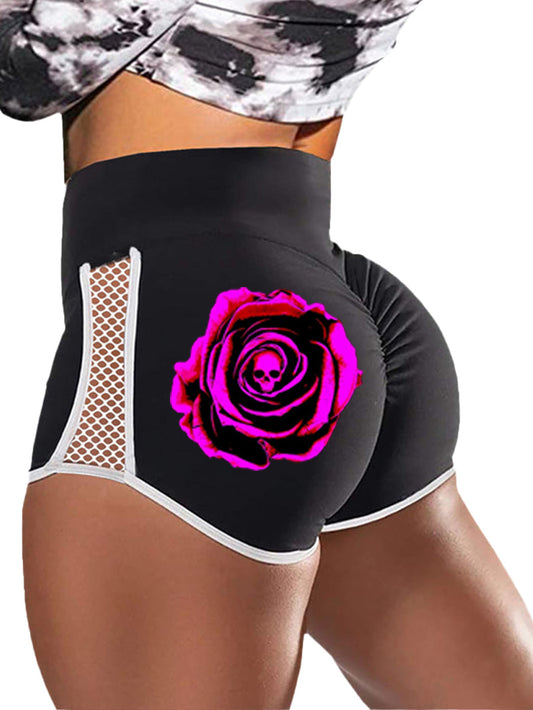 Purple Fluorescent Rose Skull Print Sports Shorts