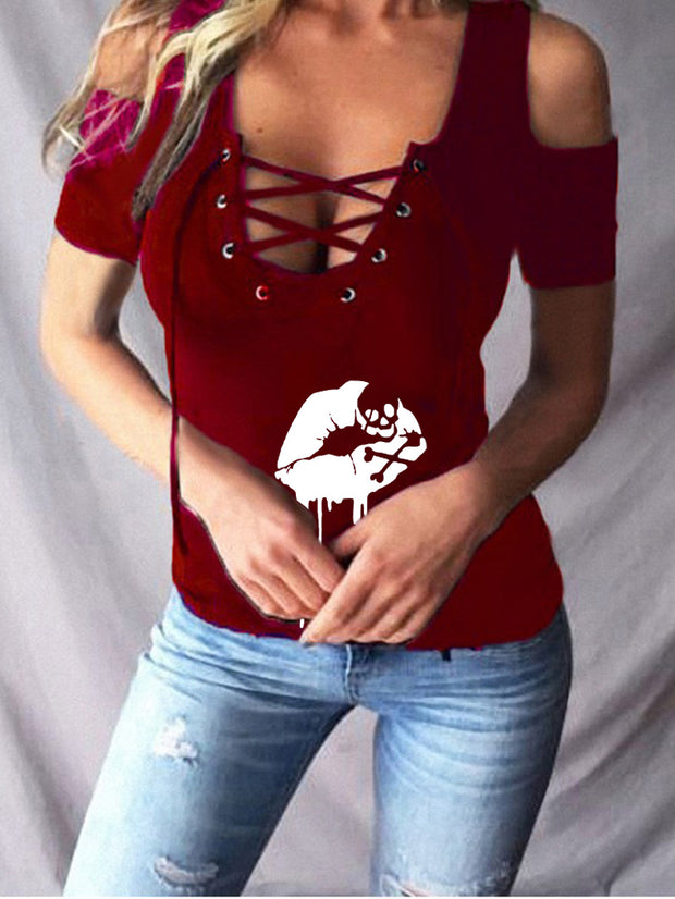 Skull Lips Print Sexy off-the-Shoulder Lace-up Short-Sleeve T-shirt