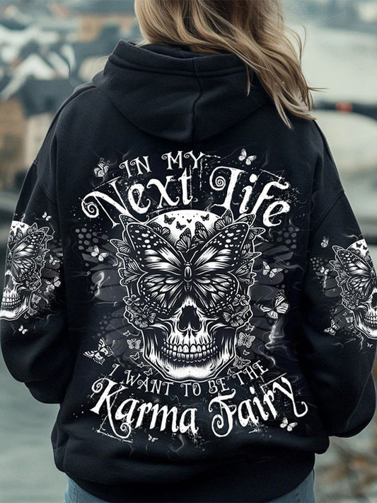 Women's Gothic Butterfly Flying Skull Print Hoodie