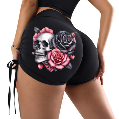 Skulls and Roses Print Skinny Hip Rise Sports Yoga Shorts