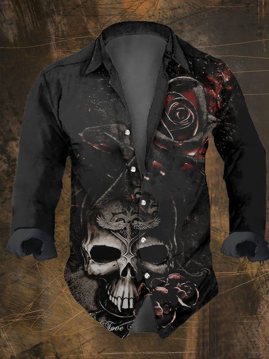 Men's Rose Skull Head Print Long Sleeve Shirt