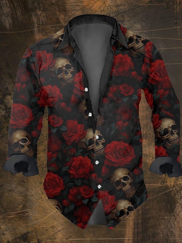 Men's Vintage Skull Rose Print Long Sleeve Shirt