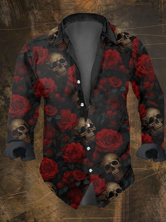 Men's Vintage Skull Rose Print Long Sleeve Shirt