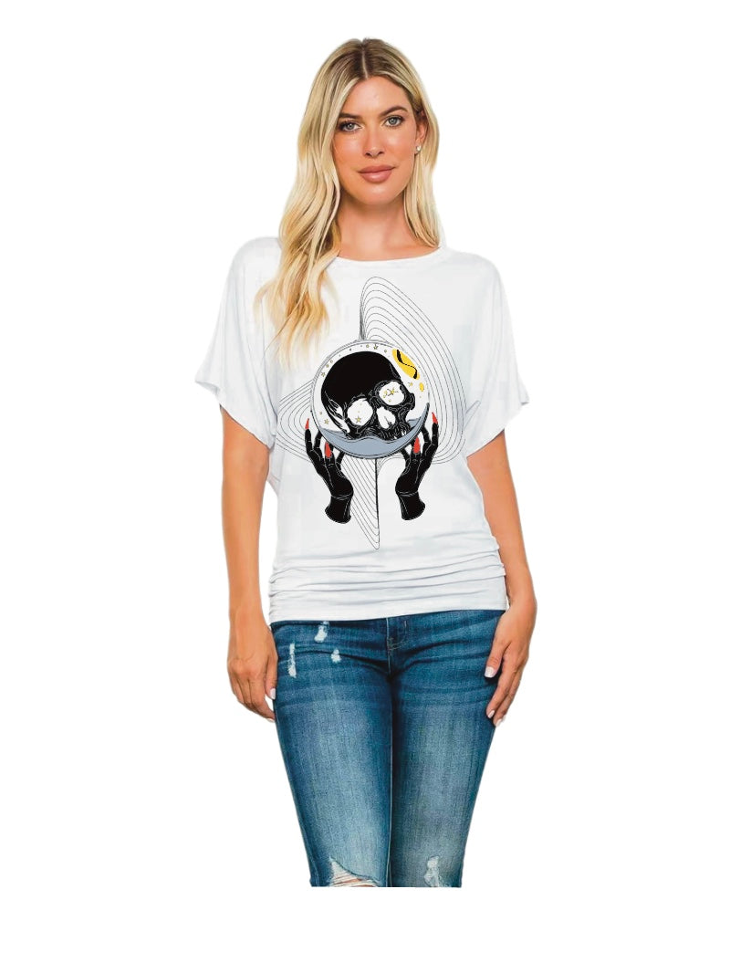 Skull Planet Printed Batwing Sleeve round Neck Short Sleeve T-shirt