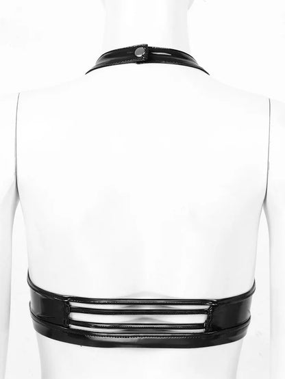 Sexy Patent Leather Halterneck with Suspenders Bra