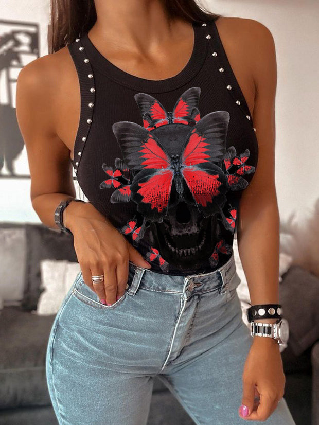Butterfly Skull Printed Metal Hats Knitted Bottomming Vest