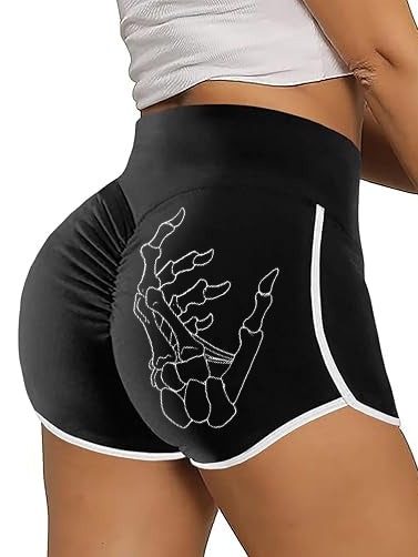 Skull Hand Print High Waist Tummy Control Track Shorts