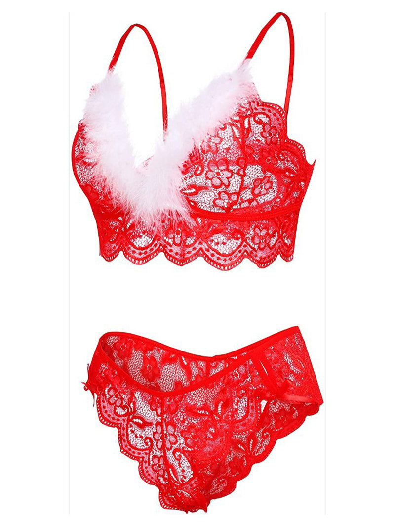 Christmas Sexy See-through Lace Plush Stitching Underwear Suit