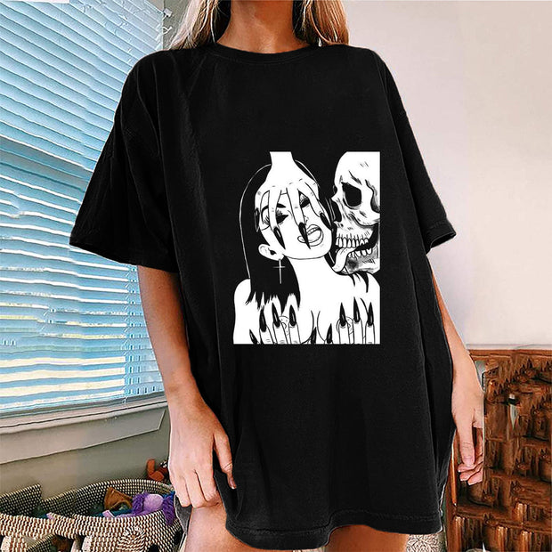 Kurzärmliges T-Shirt mit Skelett-Lady-Aufdruck 