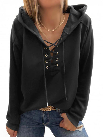 Casual Women's Pure Color Tied Long-Sleeved Hooded Sweater