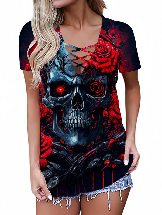 Gothic Skull Printed Sexy V-neck Hollow T-shirt