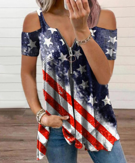 Flag Print off-the-Shoulder V-neck Zip Tops