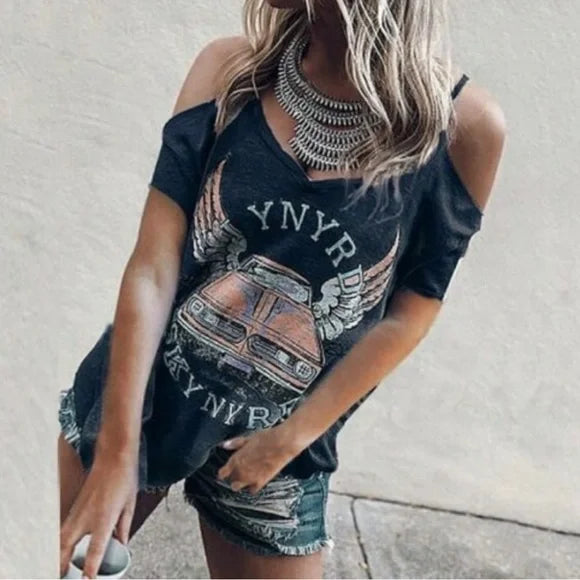 V-neck Car Printed Cold Shoulder T-shirt