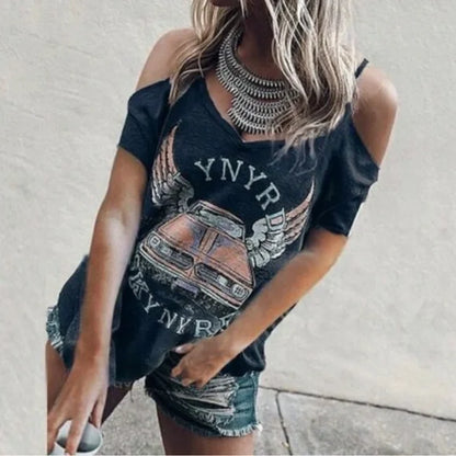 V-neck Car Printed Cold Shoulder T-shirt