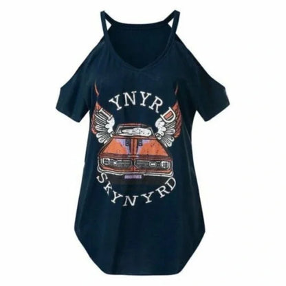 V-neck Car Printed Cold Shoulder T-shirt