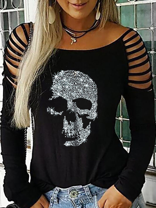 Schulterfreies Langarm-T-Shirt mit dunklem Totenkopf-Muster