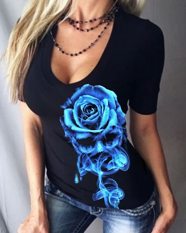 Horror Rose Skull Sexy V-Neck Short Sleeve T-Shirt