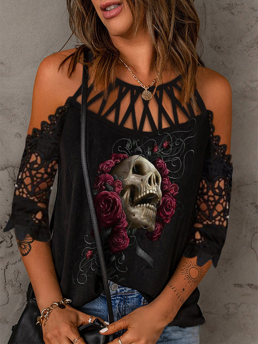 Sexy, hohles Top mit Spitzennähten und Totenkopf-Rosen-Print 