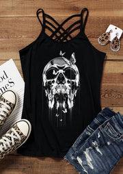 Melting Skull With Butterflies Print Crossover Strap Camisole