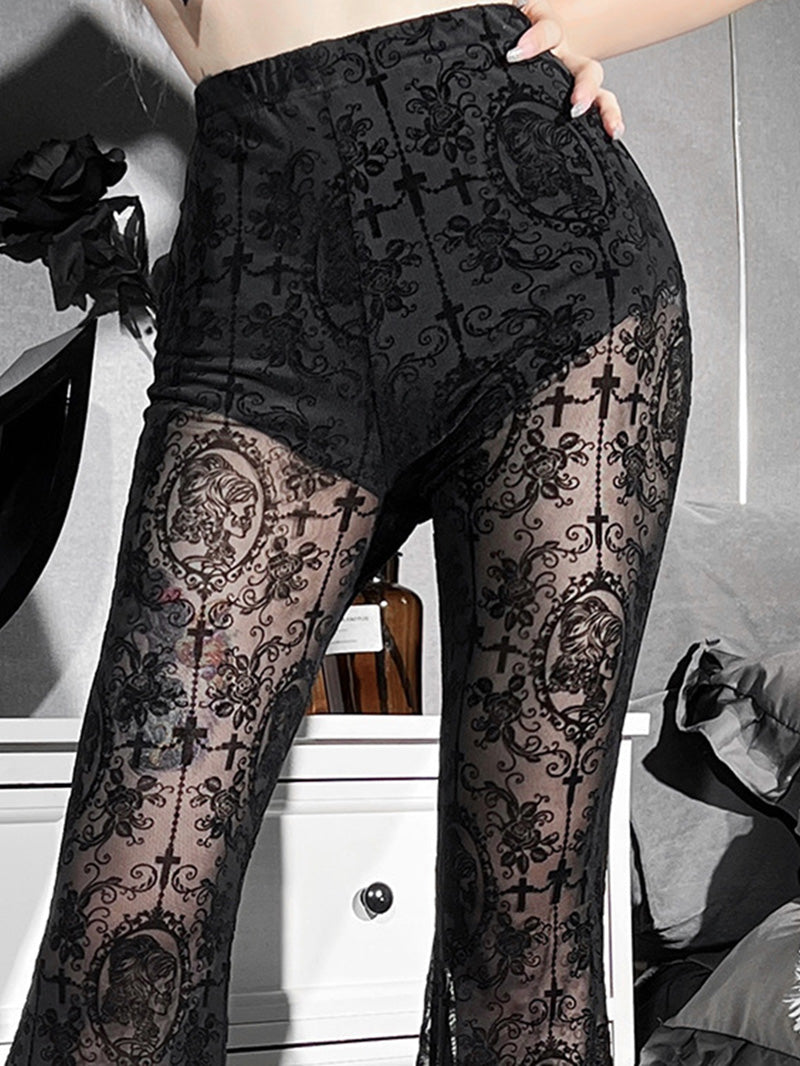 Sexy Transparent Flared Lace Pants