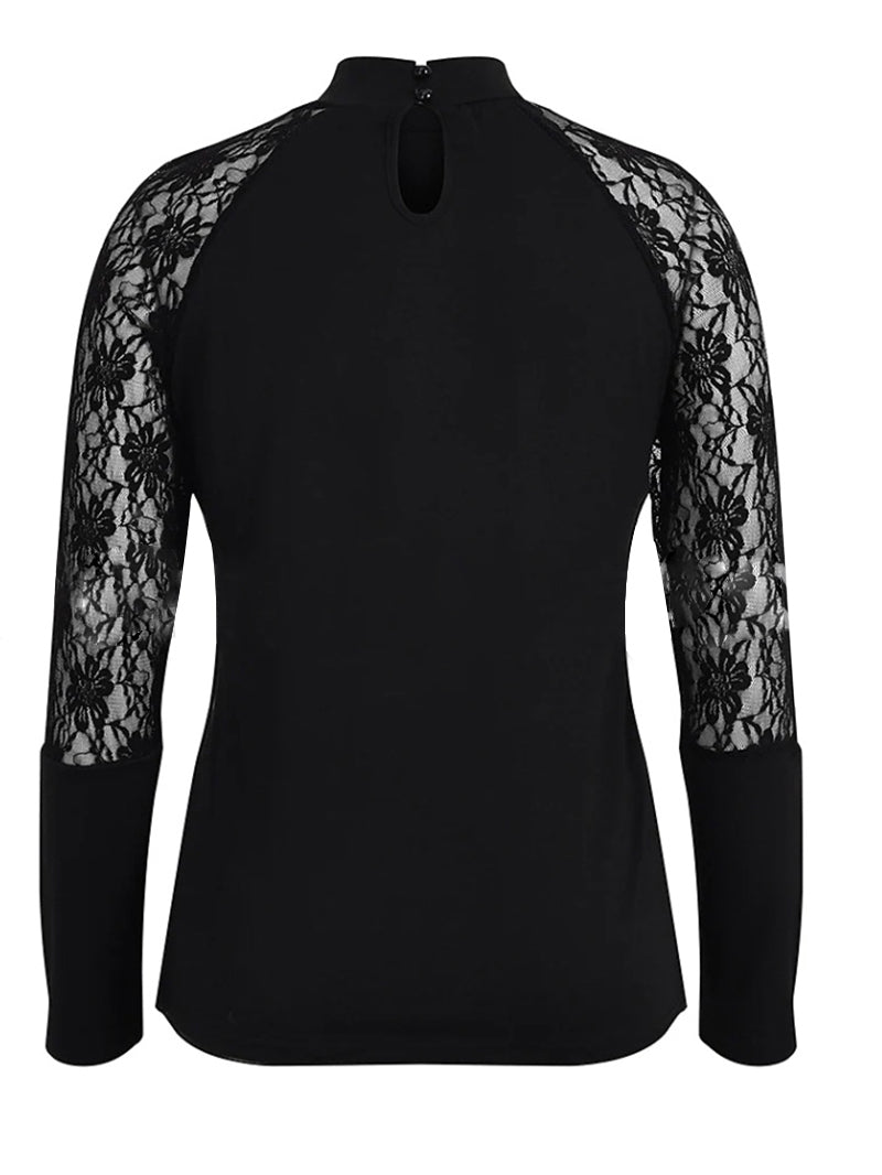 Skull Print Lace Patchwork Turtleneck Top