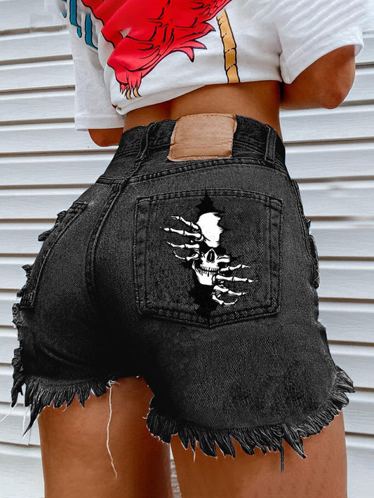 Skull Bone Printed Denim Shorts