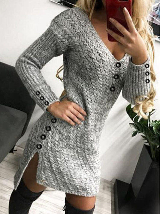 Robe en tricot de couleur unie, col en V, slim, sexy, moulante, mi-longue 