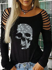 Dark Skull Pattern off-the-Shoulder Long Sleeve T-shirt