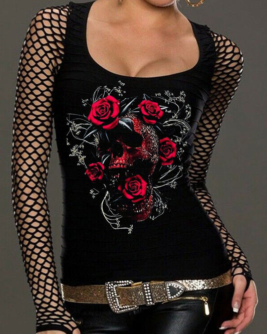 Scarlet Skull Rose Patchwork Long Sleeve Sheer Top