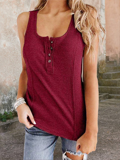 U-neck Sleeveless Solid Color Button Tank Top