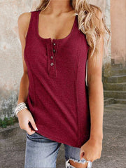 U-neck Sleeveless Solid Color Button Tank Top