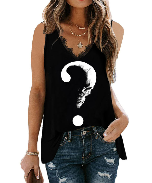 Gothic Question Mark Skull Style Printed Lace Stitching Vest