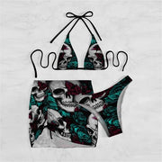 Goth Green Rose Skull Printed Sexy Bikini Swimsuit