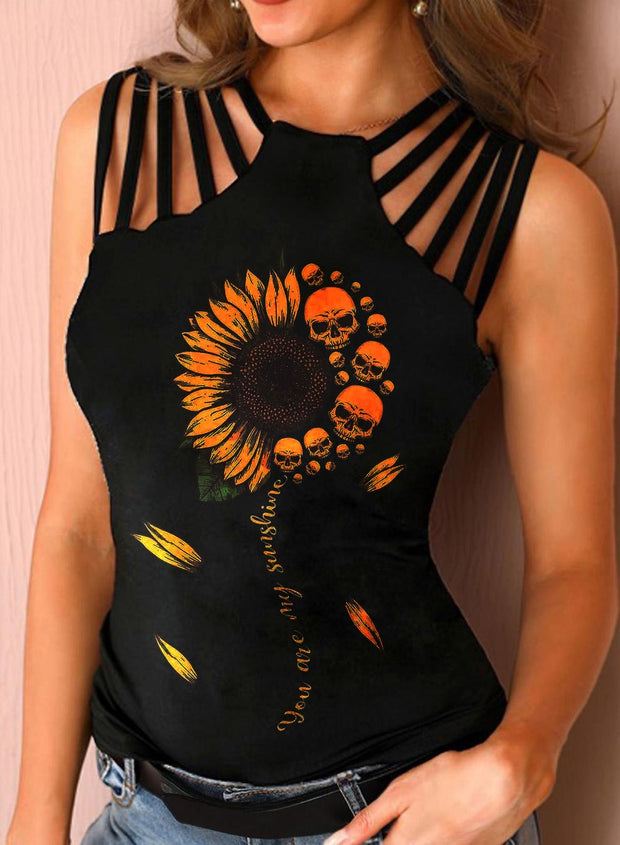 You Are My Sunshine Print Sexy Hollow-out Diagonal Striped Neckline Vest