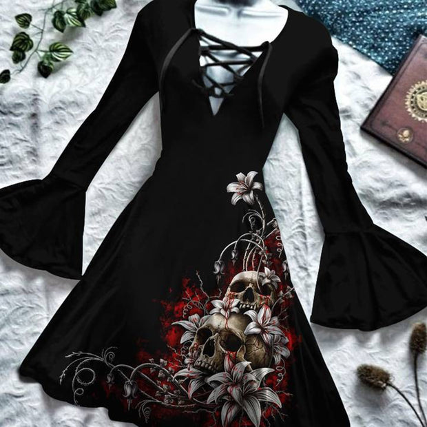 Skull Print V-Neck Lace-Up Long Sleeve Dress