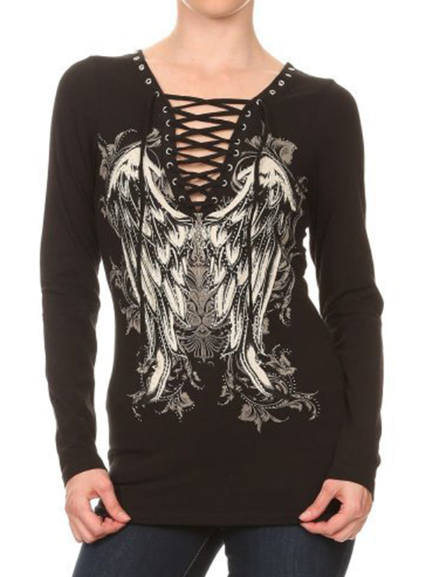 Wings Printed Lace Up Top