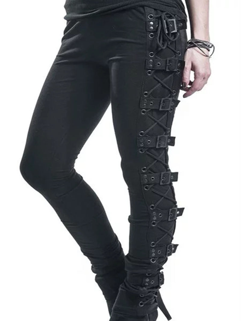 Punk Bukcle Lace-Up Skinny Pants