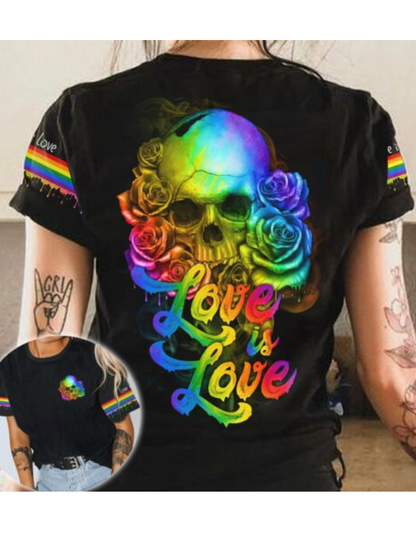 Rainbow Color Roses Skull Printed T-Shirt