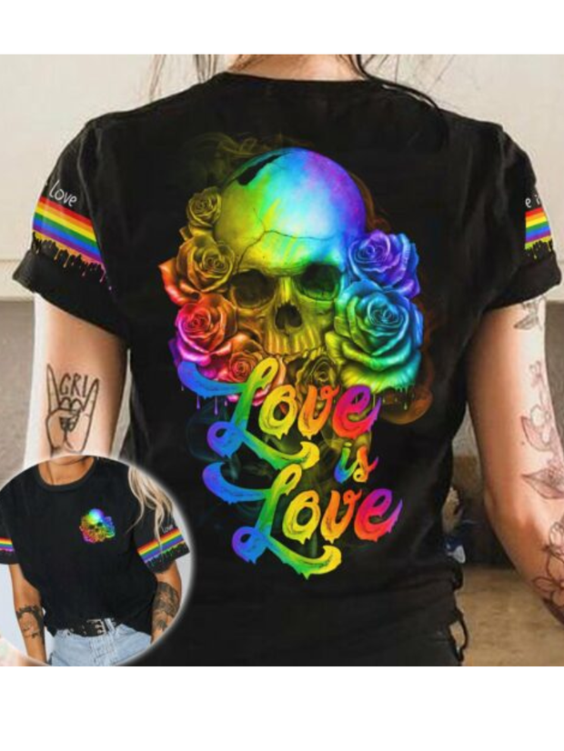 Rainbow Color Roses Skull Printed T-Shirt